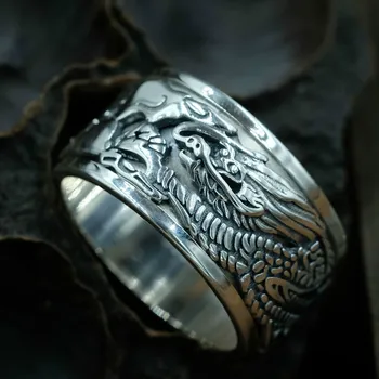 

Tibetan Silver Rings for Men 925 Sterling Silver Wide Lucky Dragon Rings S925 Tibetan Silver Zodiac Dragon Men Rotatable Rings