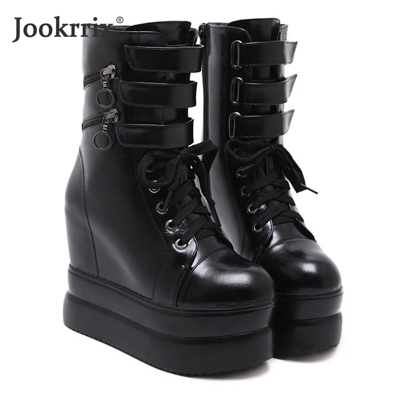 

Jookrrix 2020 Women Casual Boots Autumn Fashion Thick Sole Shoes Brand Boots Women Black Platform Shoes Lady High Heel ZB1095