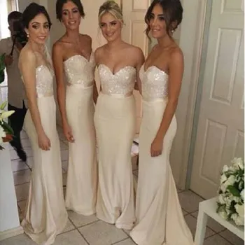 

Elegant Sequined Sleeveless Mermiad Bridesmaid Dresses Simple Sweetheart Neck Floor Length Satin Wedding Party Gown