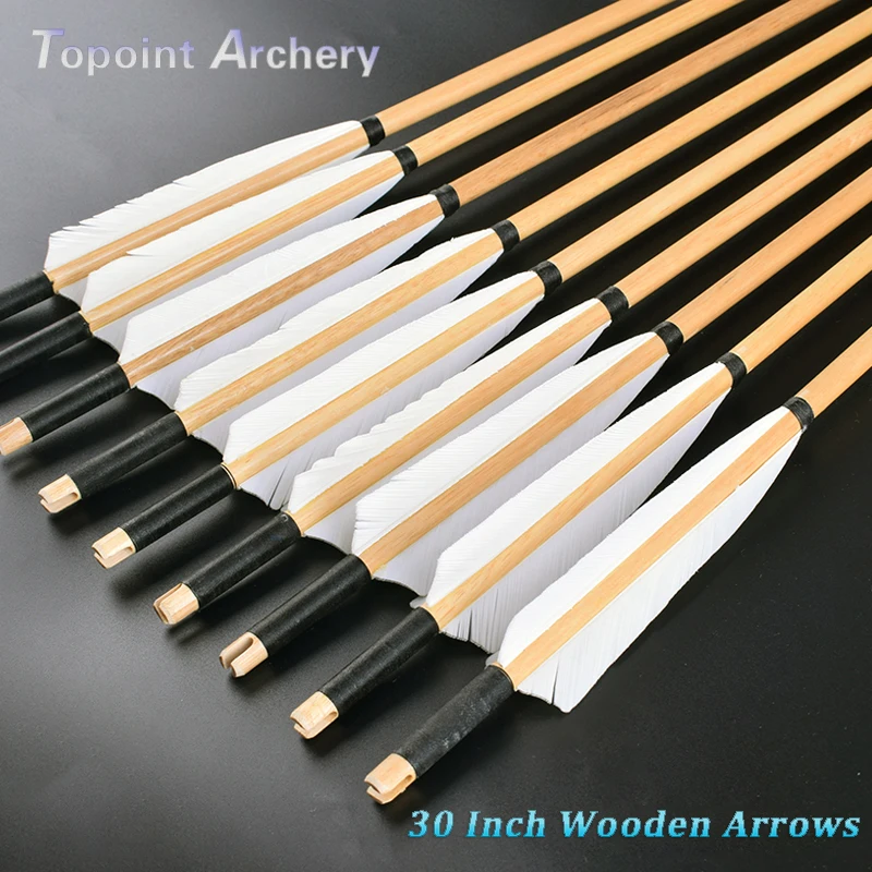 

6PCS Handmade Wooden Arrows 30Inch White Turkey Feather Wood Arrows for bow for 25 - 50lbs Crossbow for hunting Recurve Bow