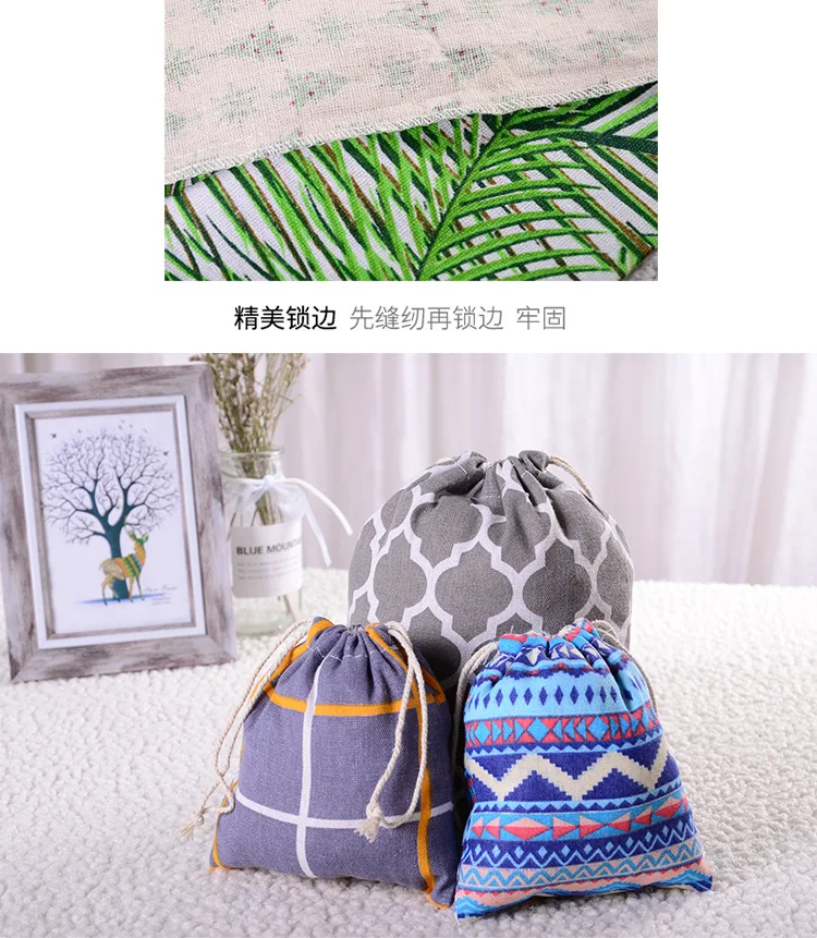 Printed Cotton and Linen Drawstring Storage Bag Linen Sundry Underwear Travel Gift Storage Bag