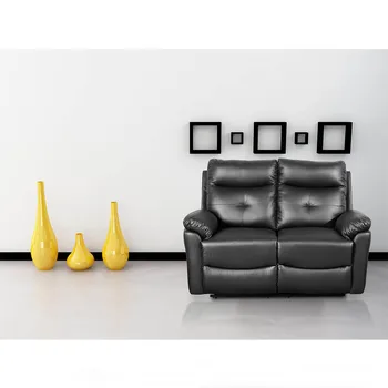 

Pu Leather 2-seater Black Sofa Strong Stable Soft Full Of High Elastic Sponge Tiltable Wide Backrest Comfortable Lounge Chair