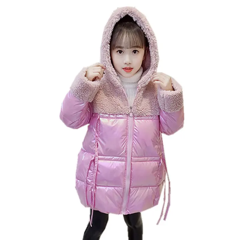 

Children Winter Jacket for Girls Kids Hooded Warm Coats Patchwork Thick Cotton-Padded Long Outwear Korean Clothes Teens 4-13Yrs