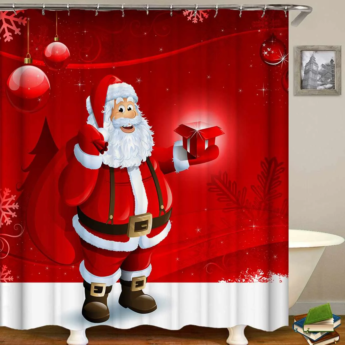 Рождественский Санта-Клаус, колокольчик, с принтом, 180x180 см, занавеска для душа, пьедестал, ковер, крышка для унитаза, коврик, нескользящий, для ванной, набор ковриков для ванной комнаты