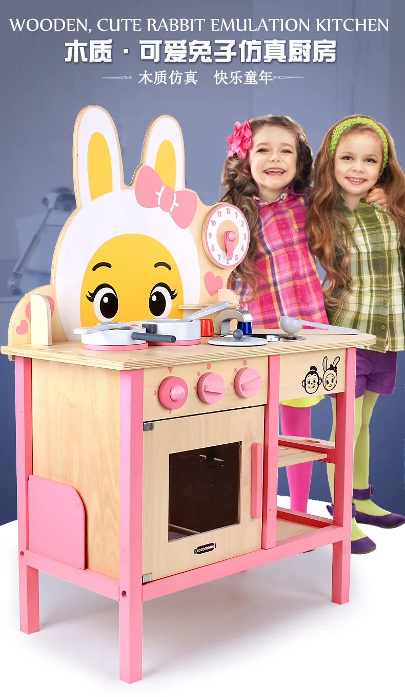 Игрушечная кухонная плита с кроликом, игрушечный игровой домик, деревянная кухонная посуда