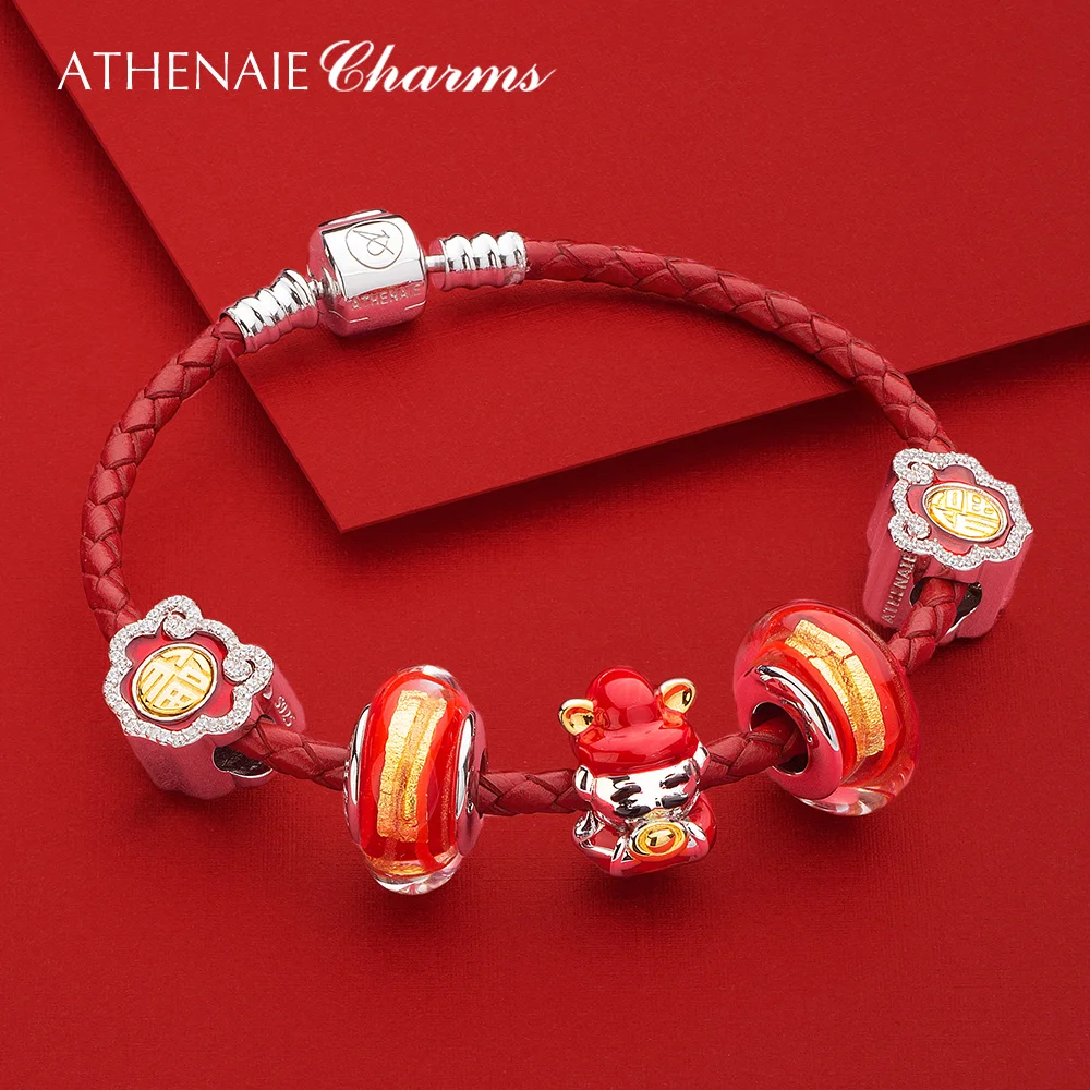 ATHENAIE подлинное муранское стекло 925 серебро сердечник Красный горячий 18KT Золотой