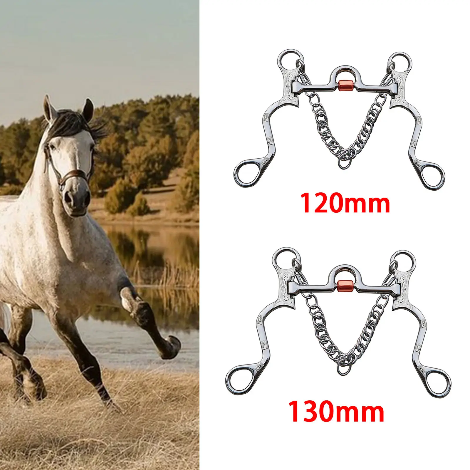 Stainless Steel Horse Bit Copper Mouth Sweet Iron W/Curb Hooks Chain with Silver Trims Harness Antirust for Training Equipment 4