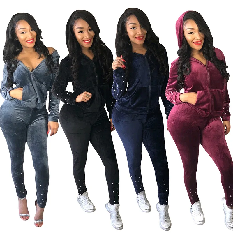 

Solid Velvet Two Piece Set Tracksuit Women Casual Long Sleeve Pearl Zipper Jacket Top Pant Sportwear Party Club jogging femme H