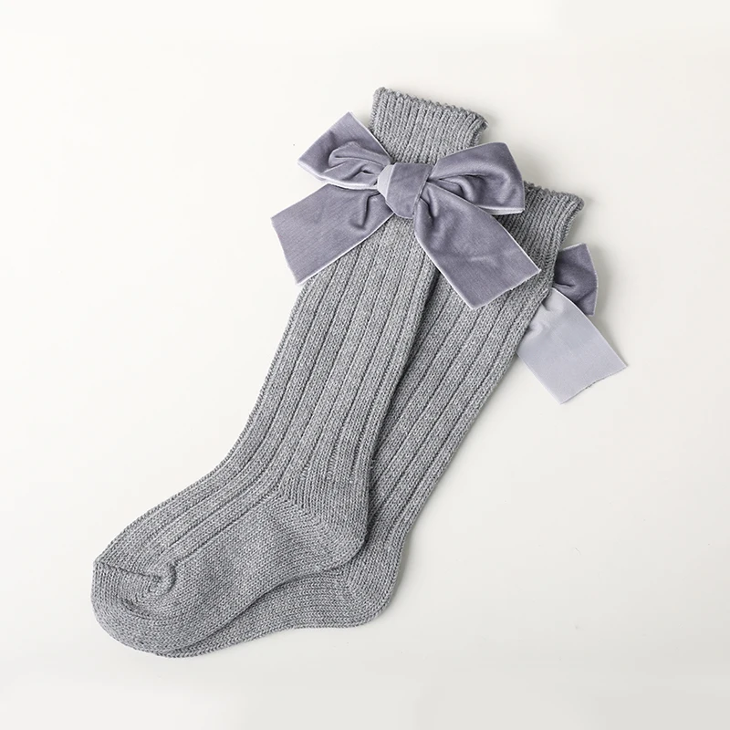 Хлопковые носки для девочек с бантами, гольфы для девочек, милые носки принцессы для новорожденных длинные зимние детские носки - Цвет: Dark Gray