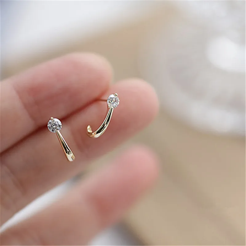 925 Sterling Silver European Simple Crystal Arc Stud Earrings Women Punk Hip Hop Party 14k Gold Plating Jewelry Gift - Image 2