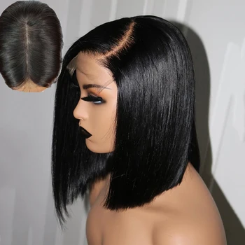 

Short Bob Brazilian Straight Remy Hair 4*4 Silk Base Lace Front Human Hair Wigs With Baby Hair Pre Plucked 8"-16"