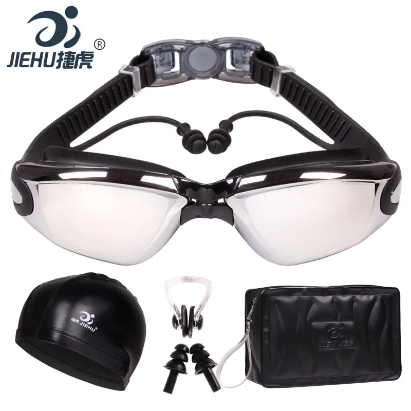 

Jie hu Swimming Goggle Set High-definition Waterproof Anti-fog Adult One-piece Goggles 8530 Earplug Swimming Cap Swimming Bag Fo