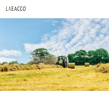 

Laeacco Blue Sky White Clouds Field Haystack Tractor Harvest Photography Backdrops Photographic Backgrounds For Photo Studio