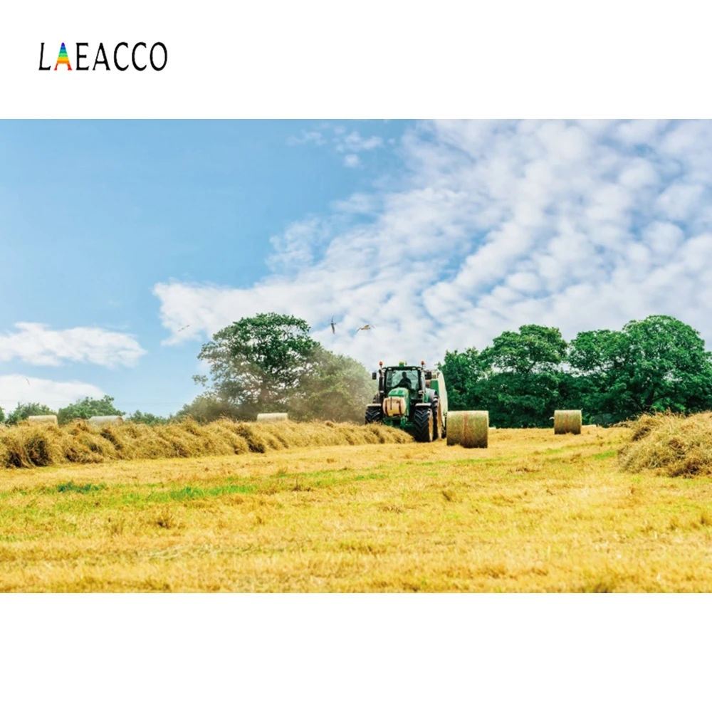 Laeacco голубое небо белые облака поле стог трактор Урожай фотографии фоны