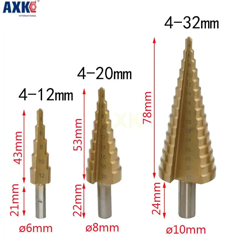 

4-12mm 4-20mm 4-32mm HSS4241 Steel Large Step Cone Titanium Coated Metal Drill Bit Cut Tool Set Hole Cutter Wholesale drill kit