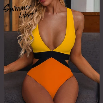

Sexy deep v neck one piece swimsuit female 2020 new Patchwork swimwear women Hollow out bathing suit Extreme bodysuits monokini