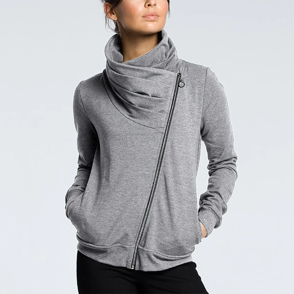 Hoodies Women Autumn 2019 Solid irregular Zipper stand neck Harajuku Streetwear Hoodie Hoodies And Sweatshirts Women Pullovers