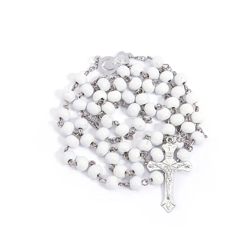 Классические деревянные бусины цвет розы 6 мм искусственное ожерелье с крестом