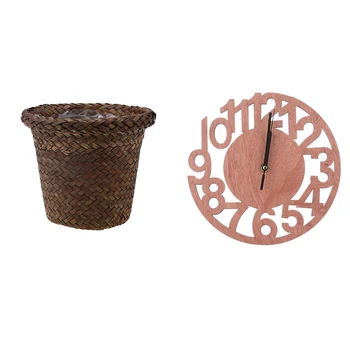 

2 Pcs Accessories: 1 Pcs 3D Wall Clock Number Wooden Silent Clock & 1 Pcs Seating Grass Storage Basket Garden Flower Pot