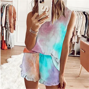 

Summer Women Outfits Tie Dye Printed Two Piece Set Women Short Home Clothes Set Leopard Sleeveless Casual Lace Up Homewear 2020