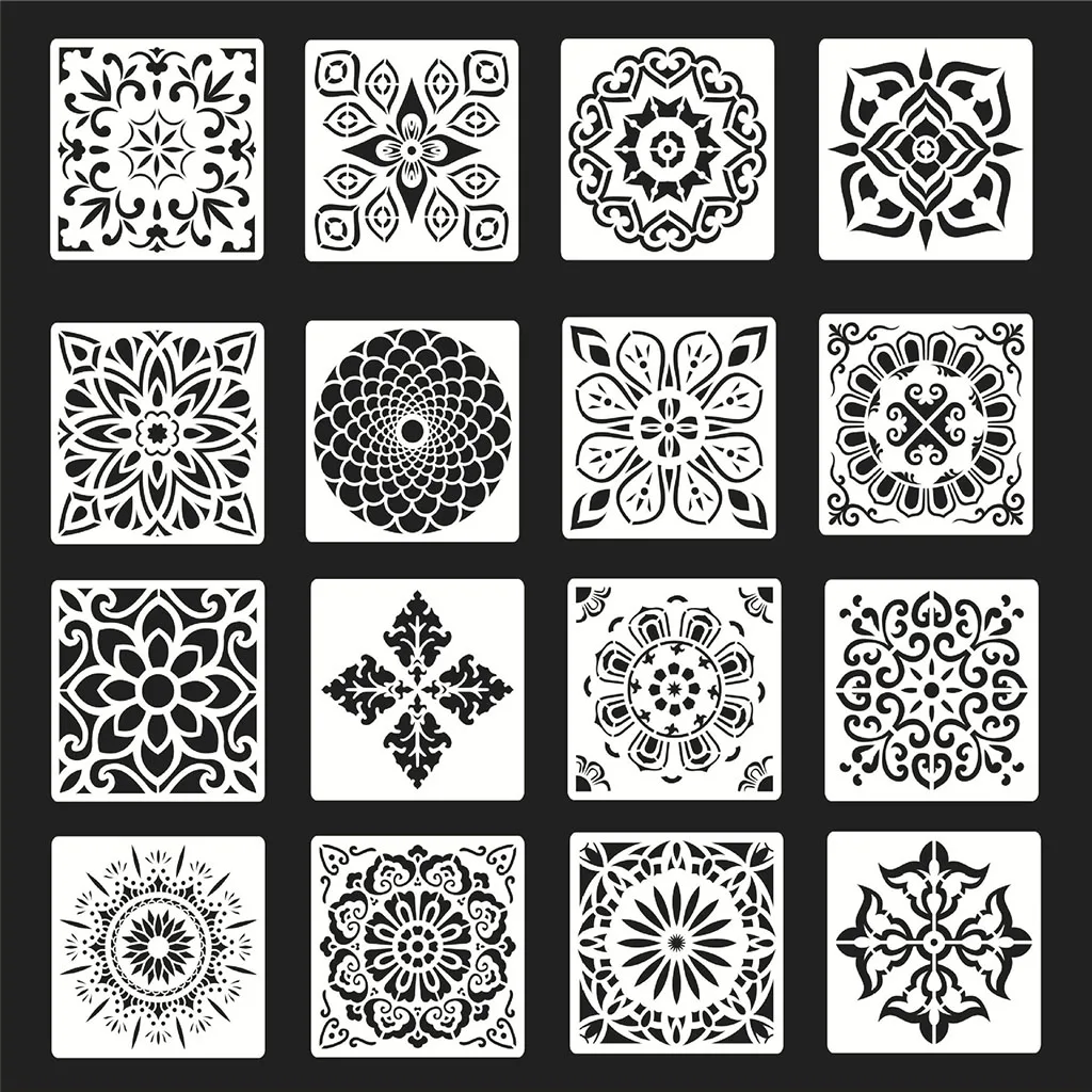 16x Mandala Stencil Template for Painting on Walls Furniture Crafts, DIY Craft Tool Reused PET Drawing Templates