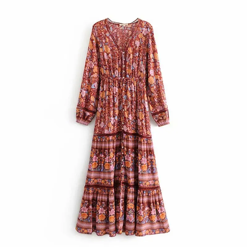 AliExpress, женское платье, платье с принтом, большая юбка, богемный стиль, v-образный вырез, передняя Пряжка, платье с длинными рукавами