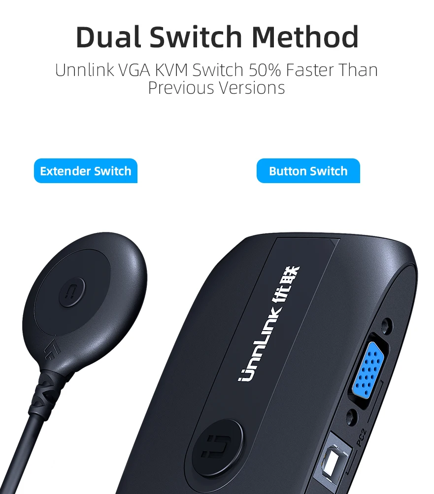 Unnlink 2X1 VGA KVM Switch Box Selector with Extender 2 Ports USB 2.0 Sharing Monitor Mouse Keyboar