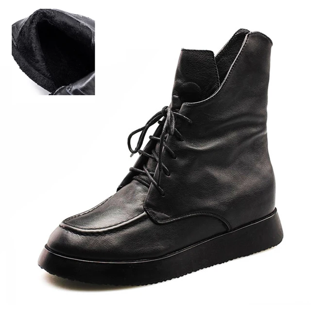 Зимние черные ботинки из натуральной коровьей кожи; женская Винтажная обувь на плоской подошве со шнуровкой; зимняя теплая обувь ручной работы; женская обувь; 19 - Цвет: black with plush