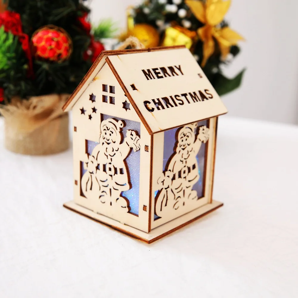 Wood House Cute Christmas Xmas Tree Hanging Ornaments Light Christmas House Design Decoration for Home Hanging Pendant