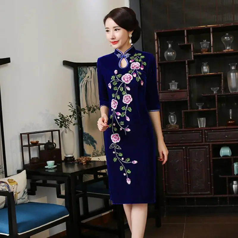 Черный сексуальный женский Qipao бархат зима новое традиционное китайское платье длинный тонкий благородный Cheongsam классический Vestidos Вечернее платье - Цвет: Blue2