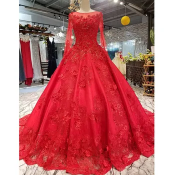 

BGW 22030ht Red Vintage Brides Wedding Party Dress O-neck Long Tulle Sleeve Lace Up Back Celebrate Beauty Evening Dress Real