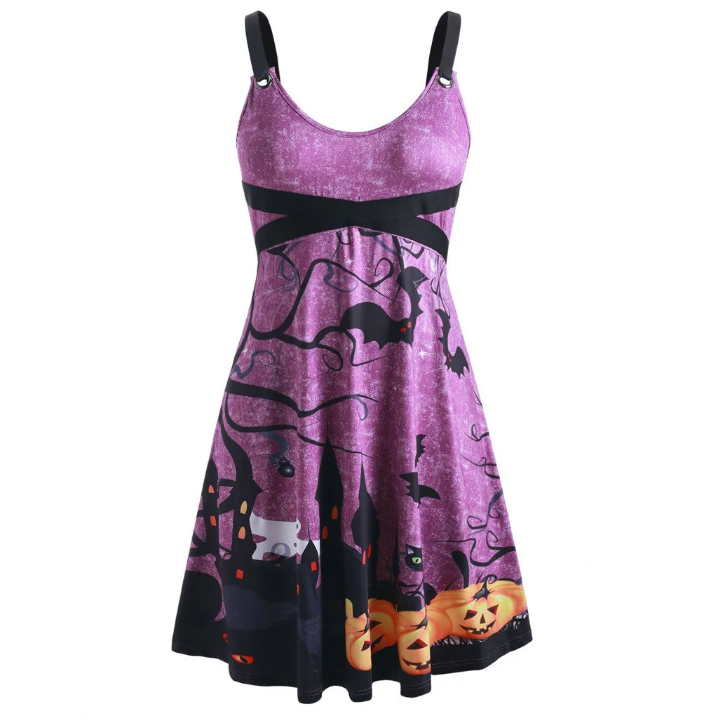 

JAYCOSIN Mini Dresses Women Plus Size Halloween Pumpkin Bat Print Grommets Sleeveless Spaghetti Strap Short Dress vestidos robe
