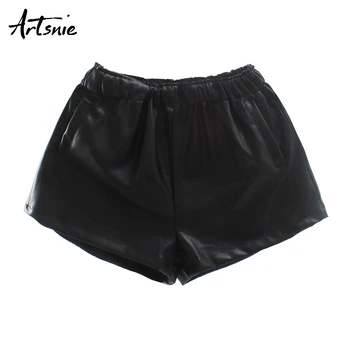 

Artsnie high waist faux leather women shorts autumn 2019 streetwear casual double pockets pu loose black shorts mujer