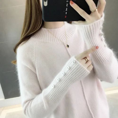 Женские свитера и пуловеры, вязаные топы с длинными рукавами для женщин, повседневная женская зимняя одежда, свитер, плотный однотонный 0382 - Цвет: pink