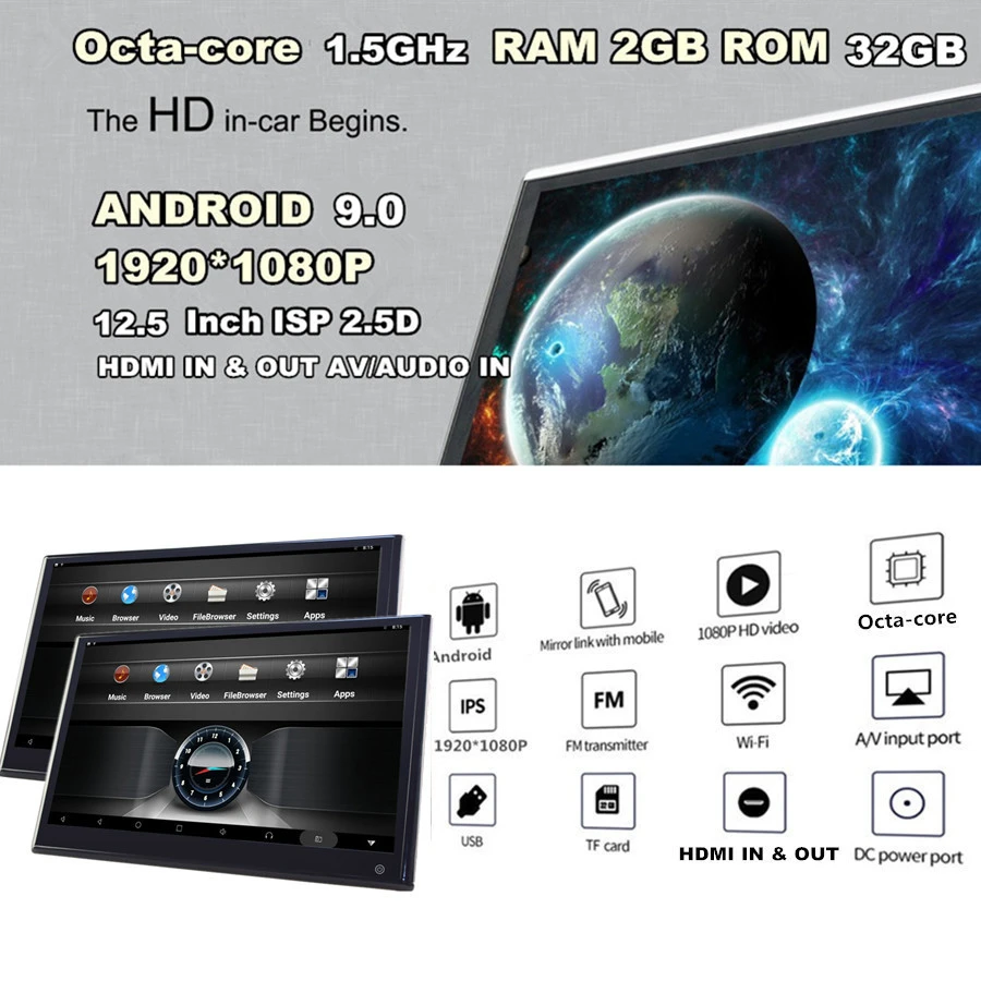 2Pcs 12.5" HD1080P Android 6.0 RAM 2GB ROM 8GB WIFI Headrest Rear Seat Monitors 