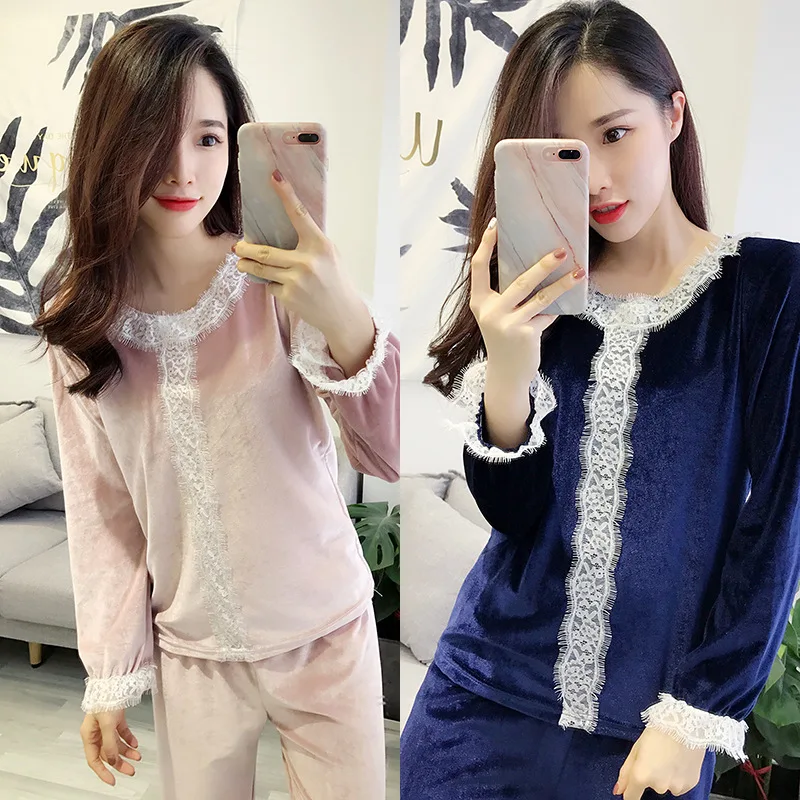 

951 # Gold Velvet Pajamas Women's Autumn And Winter Cute Lace Sweet Princess Style Korean-style Homewear Set M -Xxl