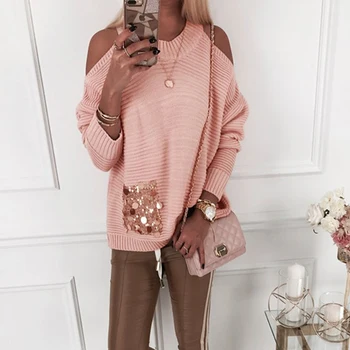 

Elegant Off Shoulder Knitted Tops Women Autumn Sequins Packet Casual Loose Pull Jumpers Pink Khaki White Female Sweaters 2020
