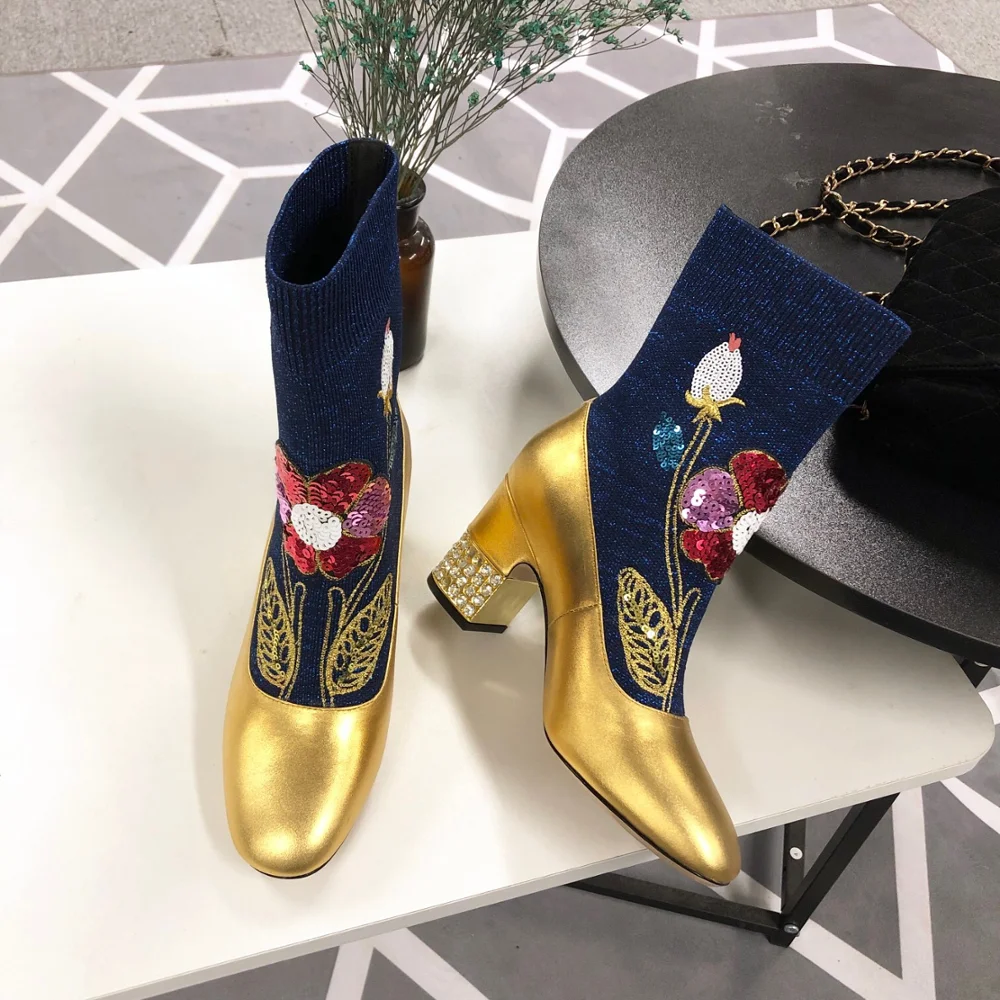 New Autumn Winter Shoes Women Genuine Cow Leather Embroidered Boots Slip On High Heels Mid Calf Round Toe | Обувь