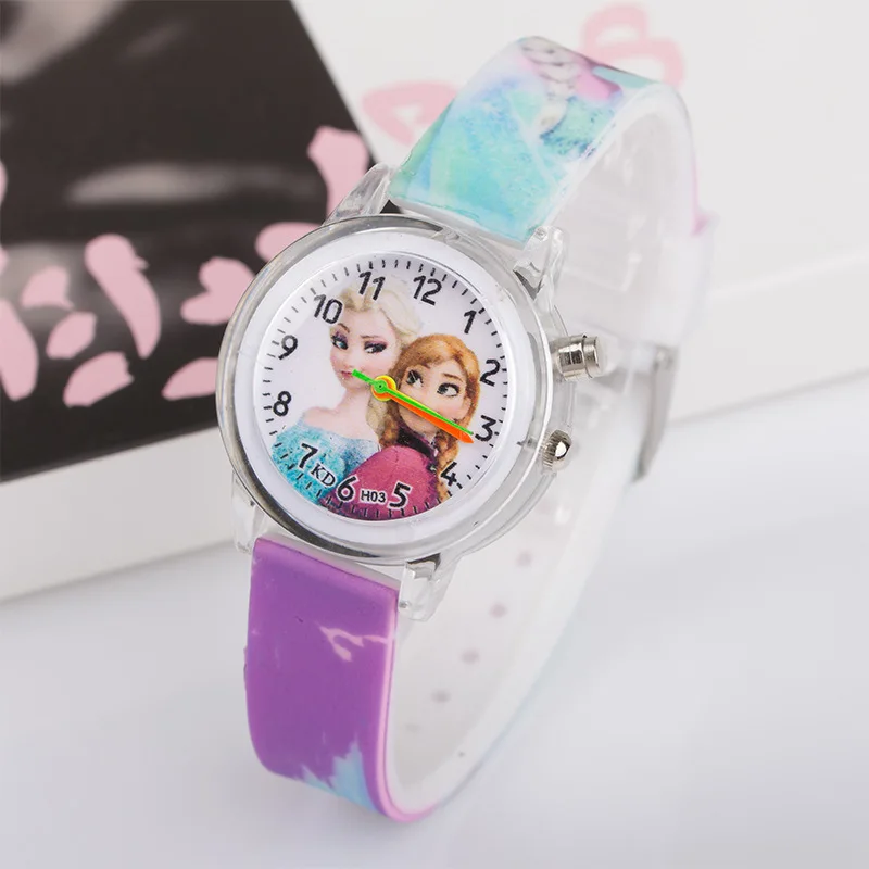 Disney Frozen Princess Elsa Children Cartoon Watches Spiderman Colorful Led Light Boys Watch Girls KidsGift Clock Wristwatch 2