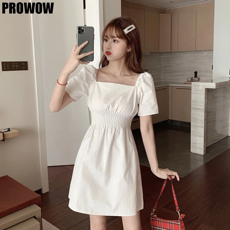 2020 Summer Ladies White Dress Korean Kawaii Elegant Beach Causal Sexy Square Collar Short Sleeve Dresses Women Vestidos