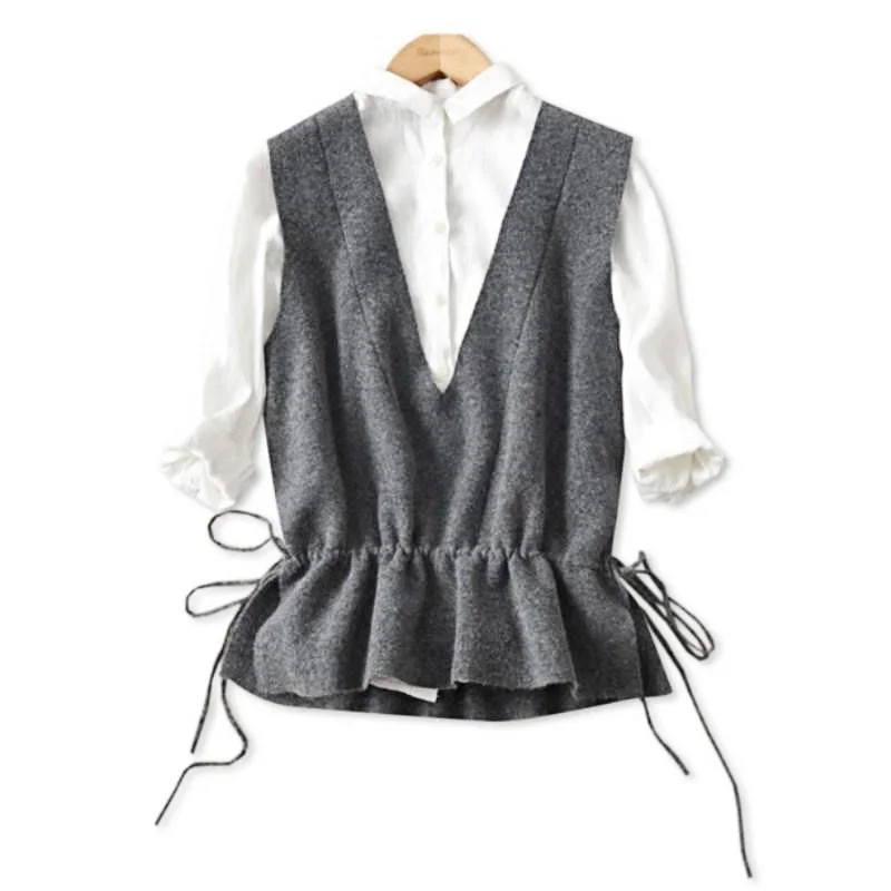

New Women Deep V Neck Waistcoat 30% Wool Drawstring Waist Short Knit Vest Fall Winter Korean Soft Handle OL Vest Coat