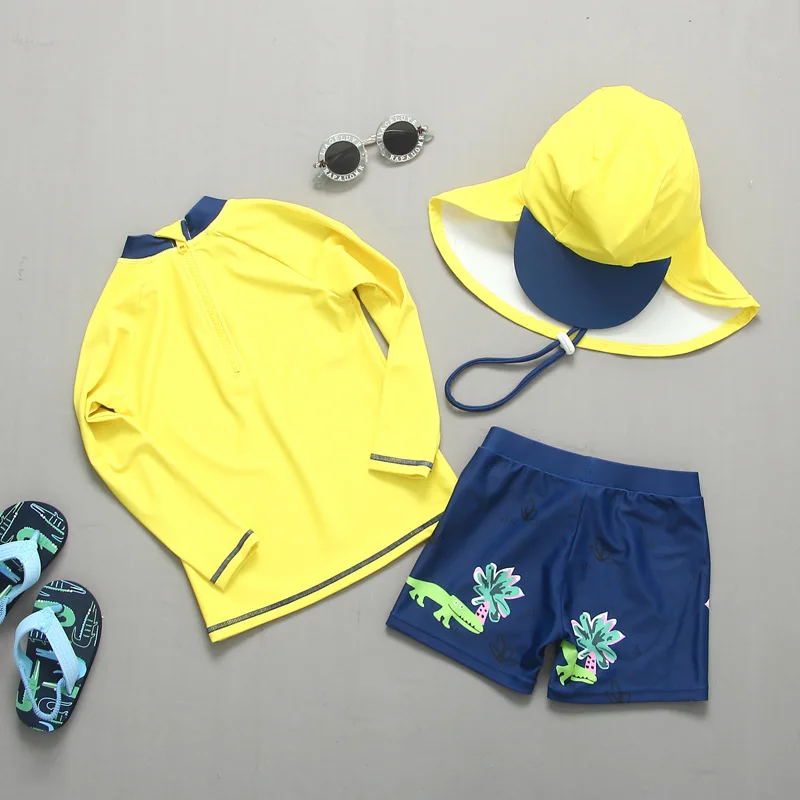 Children Swimming Suit Dinosaur Print Boys Swimwear Long Sleeves Yellow UPF50+ UV Swimsuit Boy Bathing Suit Kids 2-11T