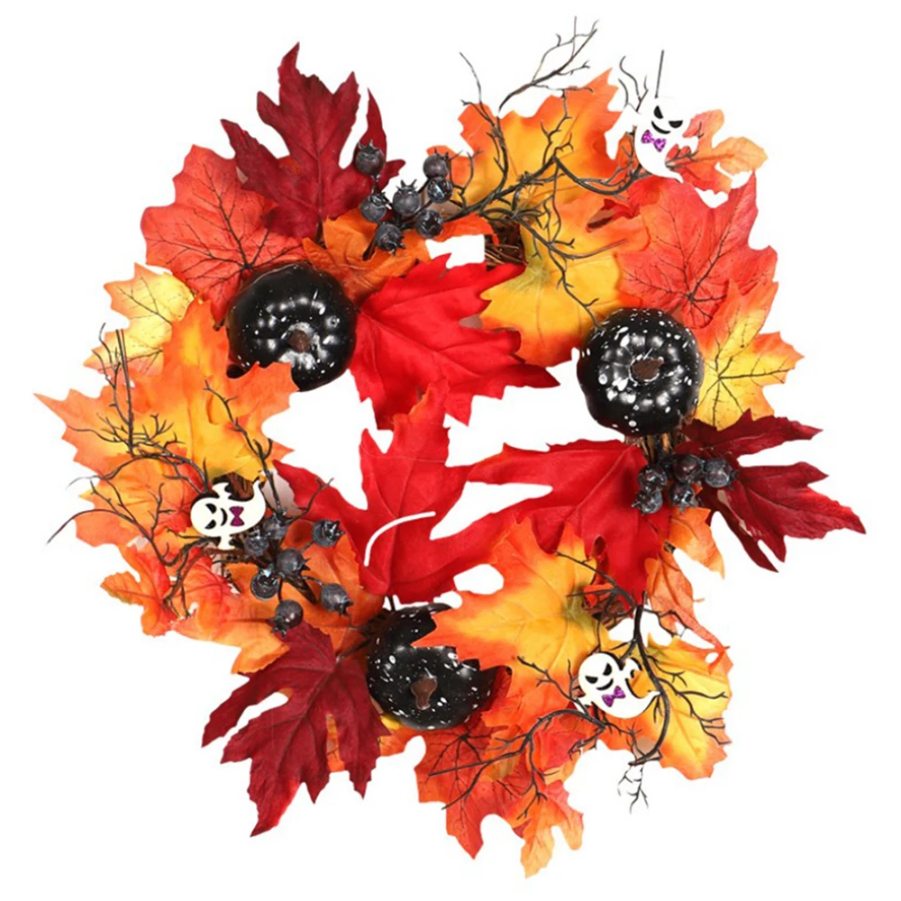 

Hot Hanging Halloween Garland Ornament Front Door Decorative Wreath With Artificial Pumpkin Maple Leaves