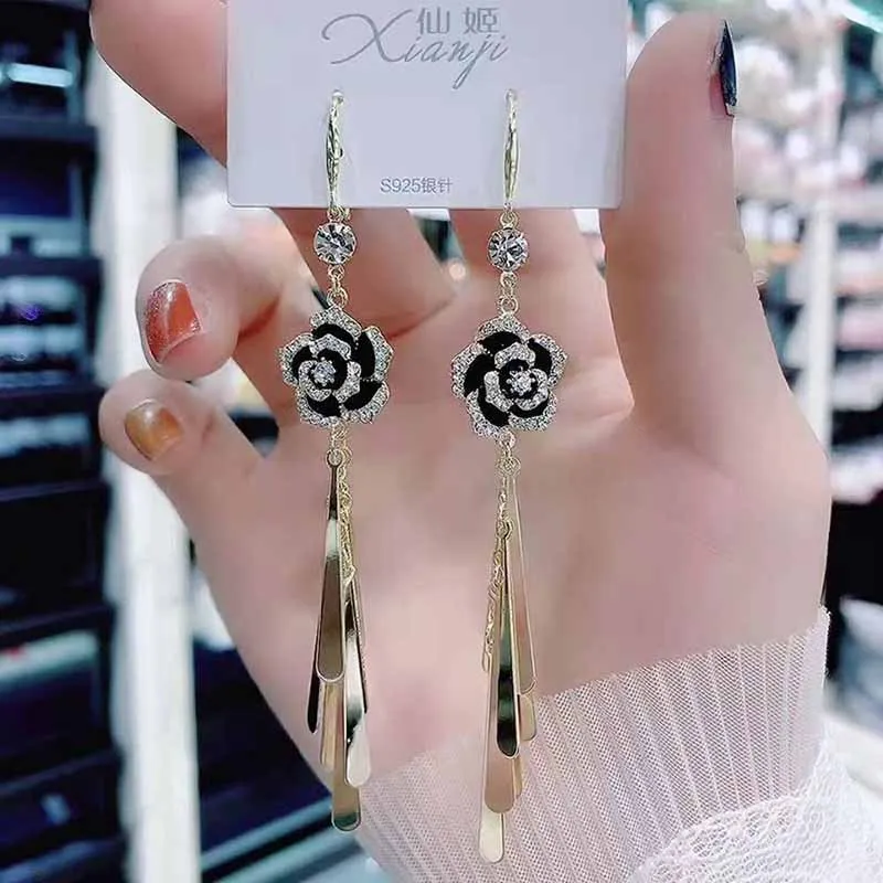 Korean Temperament Rhinestone Long Camellia Dangle Earrings Fashion Gold  Color Sequin Earrings Jewelry for Women Wholesale - AliExpress