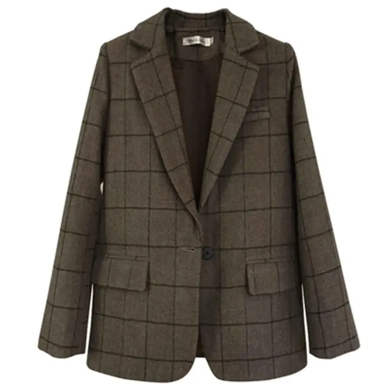 

Fashion Plaid Woolen Blazers female jacket spring New high quality plus size Casual Loose wool women Blazers women coat