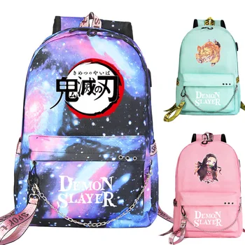 

New Cartoon Cute Demon Slayer Prints Boys Girls Kids School bag Women USB Chain Backpack Canvas Men Bagpack Packsack Bookbag