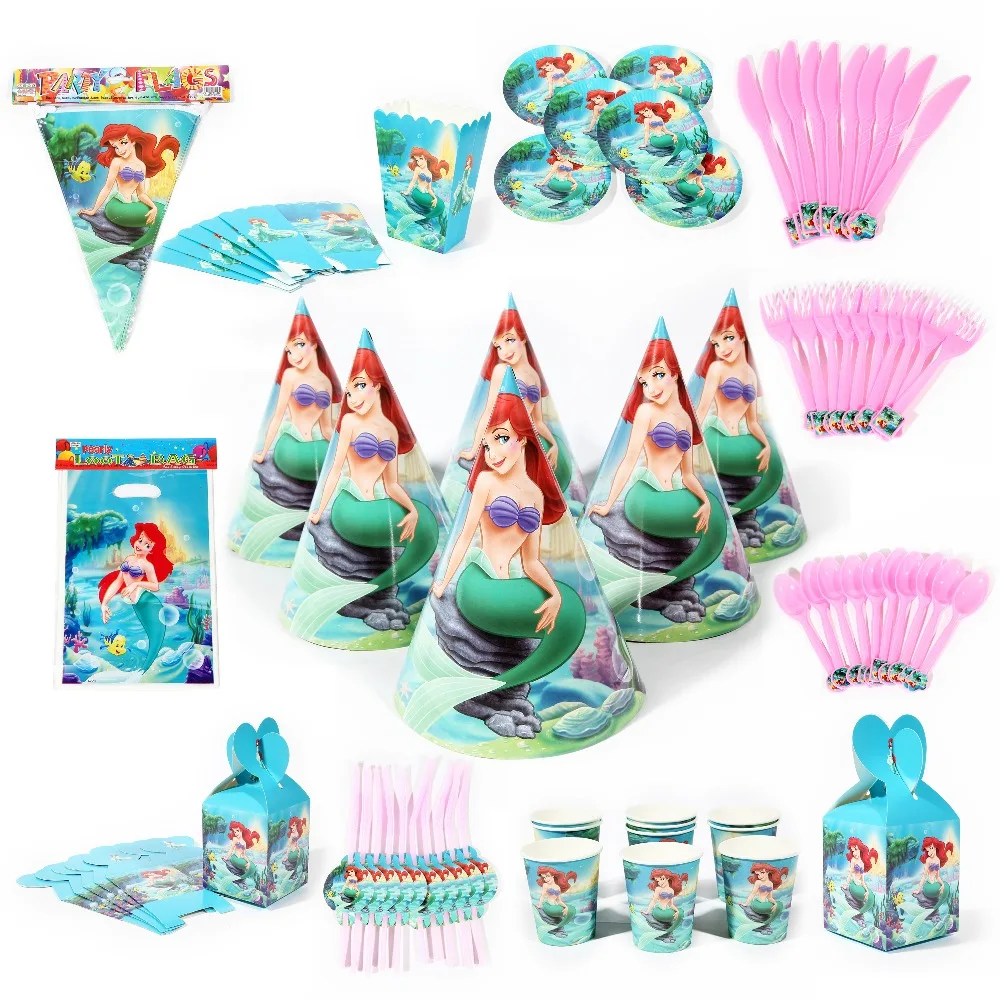 

Hot Sale Ariel Mermaid Theme paper Flags Plate Cap Party decoration Baby Happy Birthday wedding event party supplies for kids