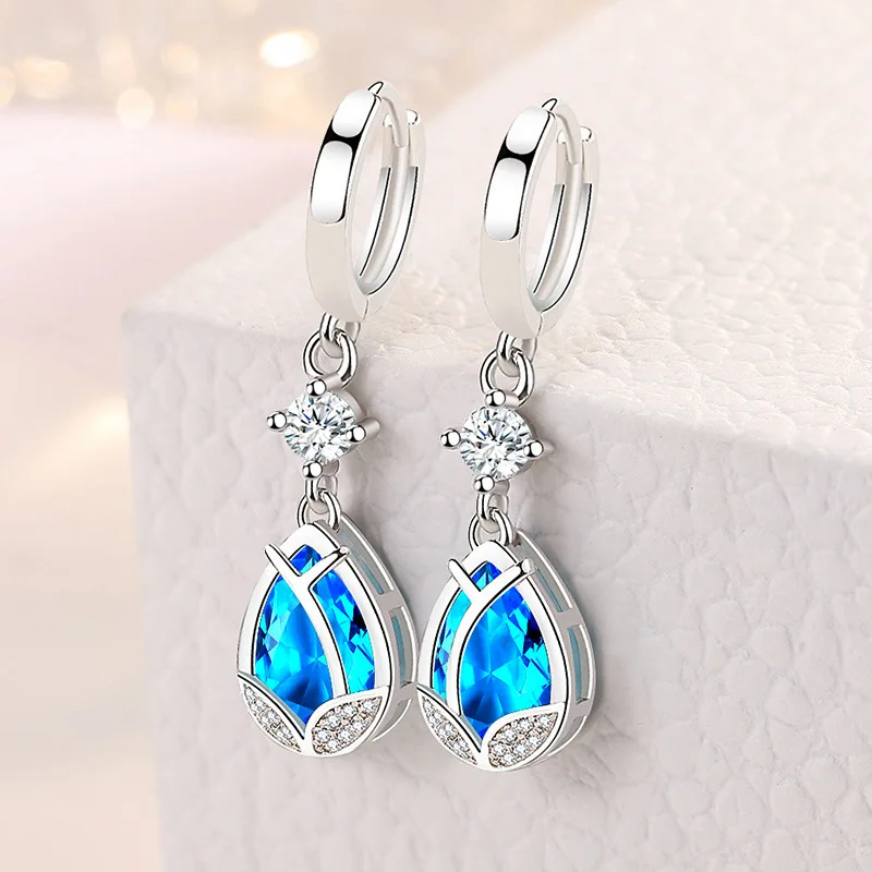 

Real 925 Sterling Silver Elegant Blue Crystal Drop Earrings For Women Girls Wedding Engagement Fashion Jewelry