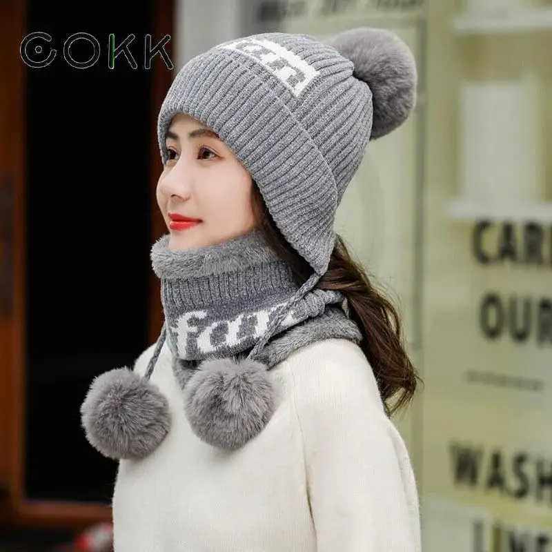 

COKK Winter Women Knitted Hat Scarf Female Warm Hat Scarf Set Fashion Velvet Thickening Hat Pompom Ball Snow Caps Two Piece Set