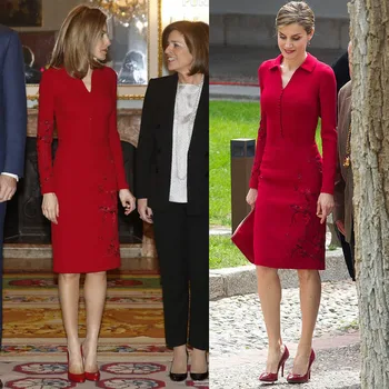 

The Duke and Duchess of Cambridge Same 19 Autumn Women's Lapel Long Sleeve Heavy Embroidery Slim Long Dress